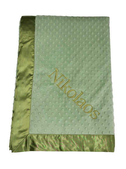 Personalized sage green minky dot baby blanket with satin border by My Blankee