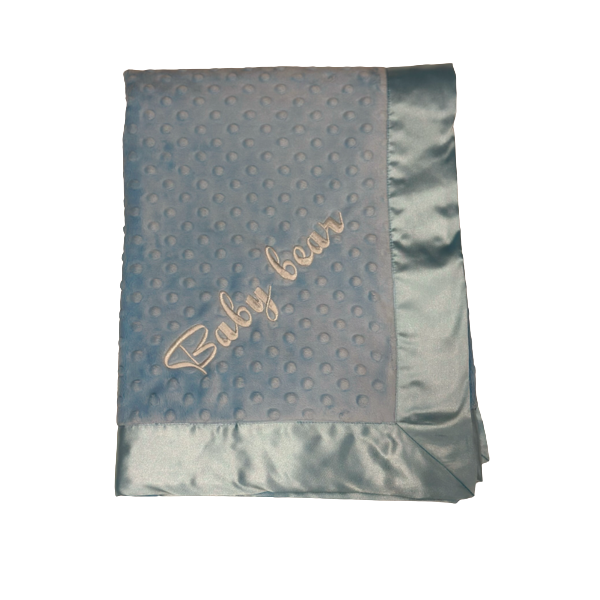 Personalized light blue minky dot blanket with satin border — handmade in Los Angeles by My Blankee