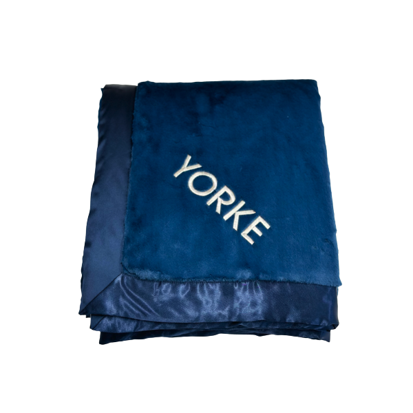 Personalized navy blue Luxe baby blanket with satin border — My Blankee