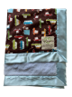 On The Road brown cotton baby blanket with colorful car pattern, soft luxe blue backing, and silky matching satin border trim.