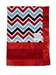 Chevron Red and Blue baby blanket with Red Minky Dot fabric and silky satin trim – ultra-soft, cozy, and perfect for strollers and travel.