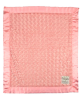 Luxe Rose Coral baby blanket with ultra-soft plush minky fabric and silky satin border, perfect for cuddling newborns and toddlers.

