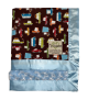 On The Road brown Pima cotton baby blanket with soft blue luxe rose backing and silky blue satin border, perfect personalized gift.