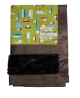 On The Road green cotton baby blanket with colorful cars, soft brown luxe back, and silky chocolate brown satin border trim.