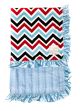 Chevron Multi-Color Minky baby blanket with plush Luxe Stripe Blue back & silky blue satin ruffle trim – ultra-soft and perfect for snuggles.
