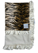 Tiger print Minky blanket with plush ivory Luxe fabric and silky satin ruffle trim, ultra-soft and perfect for snuggling, nursery decor, and gifting.