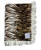 Tiger print Minky blanket with silky ivory satin ruffle trim, ultra-soft and luxurious, perfect for snuggling, nursery decor, and gifting.