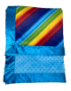 Bright rainbow striped baby blanket with light blue minky dot and shiny satin trim. Ultra-soft and cozy for stroller rides, naps, or baby gifts.

