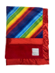 Rainbow striped baby blanket with soft red minky dot backing and silky satin trim. Cozy, colorful, and ideal for babies, strollers, or gifting.