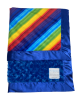 Electric blue luxe rose baby blanket with vibrant rainbow satin stripes and silky trim. Ultra soft, bold, and handcrafted in the USA.


