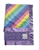 Pastel rainbow baby blanket with lavender luxe rose minky and silky trim. Ultra-soft, cozy, and handmade with colorful stripes.