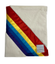 Cream Luxe baby blanket with classic rainbow satin trim in bold primary colors, stroller size, plush and soft for daily baby comfort and travel.