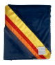 Navy baby blanket with diagonal rainbow sunrise satin ribbon trim, soft luxe plush texture, cozy comfort for strollers, naps, and travel.