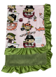Pirate Pink Minky baby blanket with pinstripe olive back & olive satin ruffle border – ultra-soft, cozy, and perfect for snuggles.