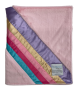 Pink Luxe baby blanket with diagonal pastel rainbow satin trim, ultra-soft plush fabric, stroller size for infants, toddlers, and on-the-go use.
