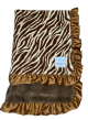 Zebra butter brown Minky blanket with plush Luxe Bella brown back and silky satin ruffle trim, ultra-soft, stylish, and perfect for gifting.