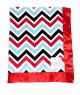 Chevron Multi Color Blue Minky Baby Blanket with ultra-soft plush fabric and silky red satin trim – cozy, stylish, and made in the USA.