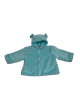 Aqua minky dot baby jacket with soft textured fabric and snap buttons. Perfectly cozy and stylish outerwear for 3–6 month infants.