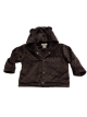 Brown minky dot hooded baby jacket with bear ears and snap closure. Soft, warm, and cozy outerwear for babies aged 6–12 months.