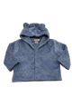 Periwinkle minky dot hooded baby jacket with bear ears and snap buttons. Soft, cozy, and perfect for babies 6–12 months.