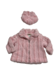 12–18 month baby girl pink luxe stripe coat with matching cap, lined in minky fabric for soft warmth and stylish winter comfort.

