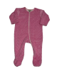 6–12 month baby footie romper in rose pink minky dot fabric with Pima cotton jersey lining, soft, breathable, and cozy for everyday comfort.