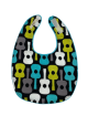Organic cotton baby bib with playful colorful guitar pattern featuring teal, gray, yellow, and white guitars on a black background.