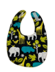 Organic cotton baby bib with playful zoology print featuring giraffes, elephants, frogs, and trees on a black background with topas accents.

