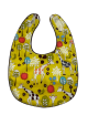 Organic cotton baby bib with colorful zoo giraffes print, bright yellow background, trees, flowers, and playful animal designs.