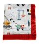 Construction-themed print featuring cranes, trucks, and building elements With Red Satin Border Soft Receiving Blanket.