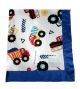 Soft Construction-Themed Baby Blanket with Trucks & Diggers, Featuring Plush Blue Minky Fabric & Satin Trim – Perfect for Gifting & Personalization.