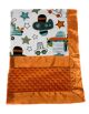 Transportation Baby Blanket with Cars, Planes & Plush Orange Dimple Minky & Silky Satin Trim – Soft, Cozy & Customizable Baby Gift by My Blanke.