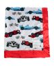 Soft baby blanket featuring a racing car pattern with red, blue, and black formula cars on a white background, accented with black-and-white checkered flags. The blanket has a plush texture and a vibrant red satin trim. My Blankeé brand tag is visible in 