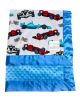 Race Car Baby Blanket with Checkered Flags, Plush Blue Dimple Minky & Silky Satin Trim – Soft, Cozy & Customizable Baby Gift by My Blanke."