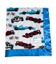 Race Car Baby Blanket with Checkered Flags, Soft Plush & Silky Blue Satin Trim – Soft, Cozy & Customizable Baby Gift by My Blanke."