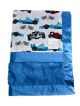 Race Car Baby Blanket with Checkered Flags, Plush Blue Luxe Minky & Silky Satin Trim – Soft, Cozy & Customizable Baby Gift by My Blanke.