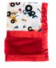Soft red minky baby blanket with satin trim and a construction truck print, featuring tractors, diggers, and wheels. Cozy and perfect for newborns and toddlers.