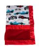 Race Car Baby Blanket with Checkered Flags, Plush Red Minky & Silky Satin Trim – Soft, Cozy & Customizable Baby Gift by My Blanke."

