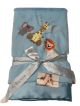 Soft blue Luxe baby blanket with satin trim, featuring adorable embroidered baby animals—lion, giraffe, and elephant with a balloon.