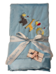 Soft blue Luxe baby blanket with satin trim, featuring adorable embroidered party animals—lion, giraffe, and elephant with balloons.