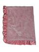 Personalized Luxe Bella Pink Ruffle Satin Baby Receiving Blanket with ultra-soft plush fabric, ruffle satin trim, and custom embroidery.