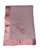 Allura font embroidery in light pink thread on pink minky dot blanket