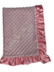 Light pink minky dot blanket with white Times New Roman embroidery and satin ruffle – My Blankee