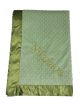 Times New Roman font embroidery in sage green thread on sage green minky dot blanket