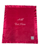 Personalized Minky Dot baby blanket in deep red with a satin border, ultra-soft plush fabric, and centered embroidery option for custom text or name.