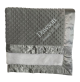 Personalized silver Minky Dot baby blanket with ivory plush lining, satin border, and custom embroidery name "Dawson" with birth date.