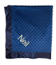 Personalized navy blue minky dot blanket, Futura font, ivory thread — handmade in LA by My Blankee
