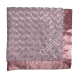 Personalized luxe rose baby blanket in soft Pink with embroidered name "Quinn," featuring plush fabric and silky satin trim.