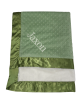 Personalized Minky Dot Luxe Baby Blanket in Sage green with a satin border and plush white lining, embroidered with the name "Jaxon" in white.
