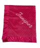 Raspberry minky dot blanket with Allura white thread embroidery and satin border